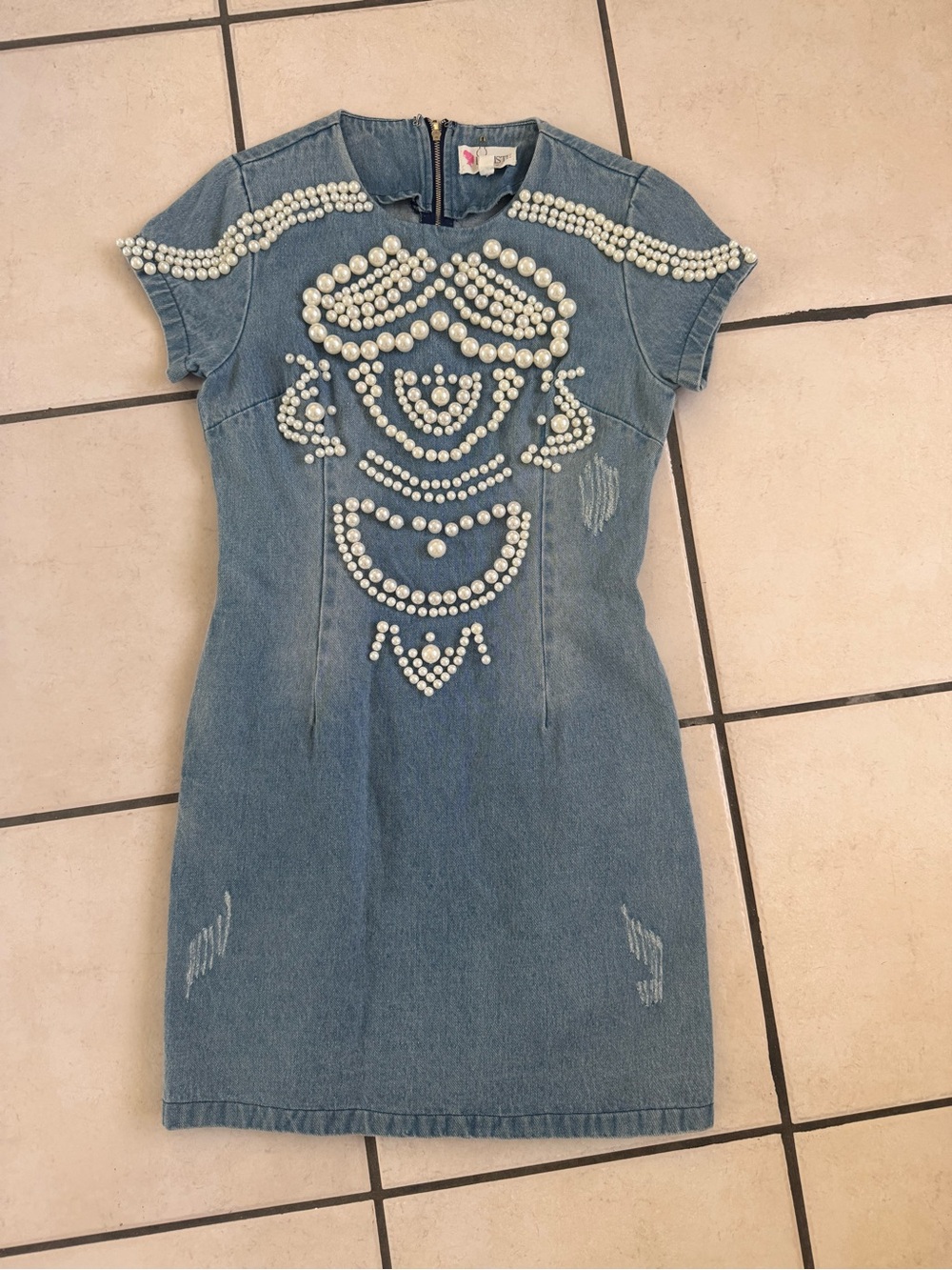 L'ATISTE Pearl-Embellished Denim Mini Dress - Blue